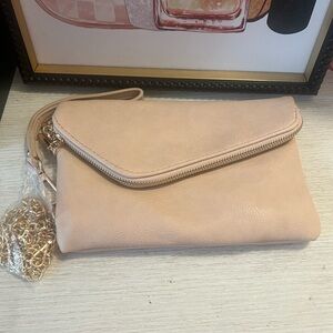 Chic Blush Pink Clutch with Gold Chain Strap and Wristlet Attachment